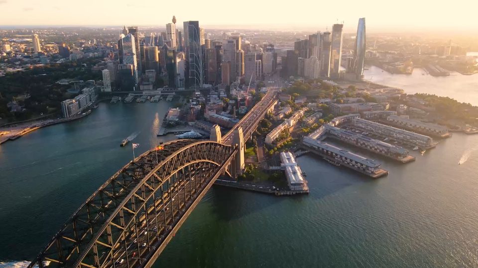 Aerial view of a city with bridge and skyscrapers