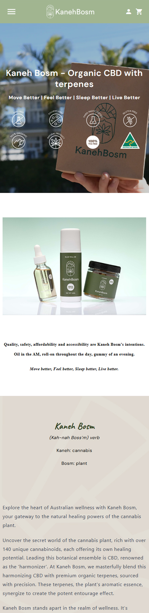 Kaneh Bosm website mobile view of the homepage