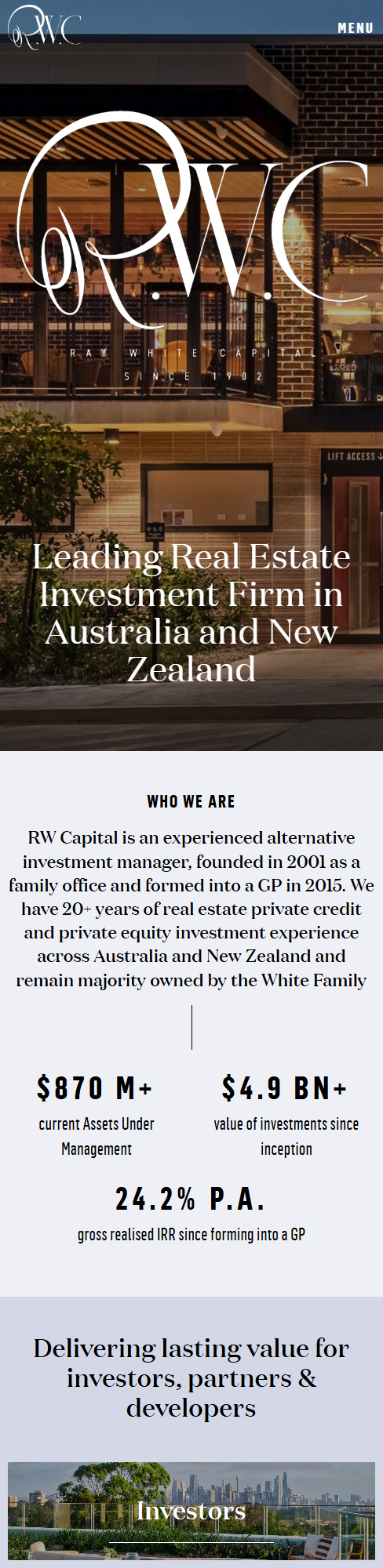 RW Capital homepage mobile view