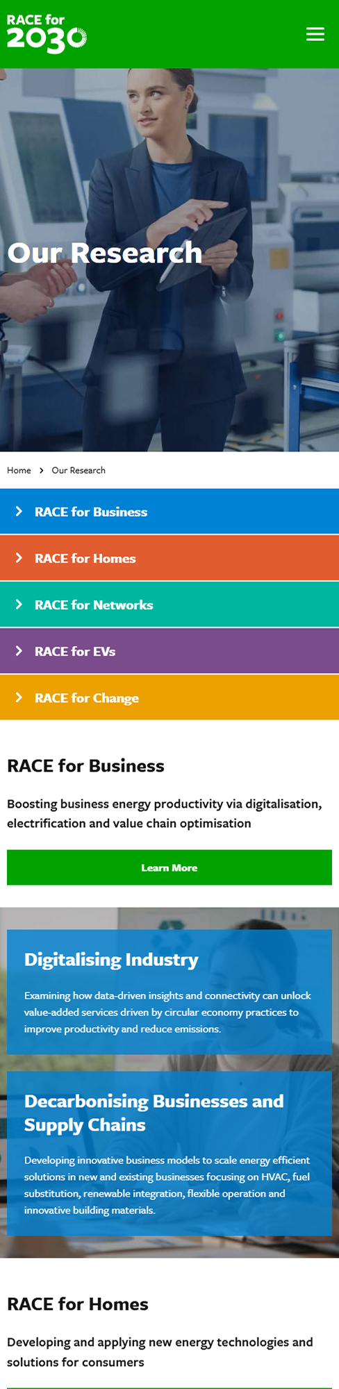 Race for 30 Research Page mobile view