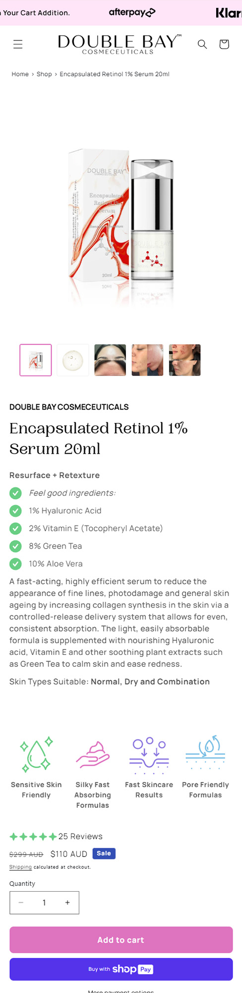 Mobile version of Shopify theme built for Double Bay Cosmeceuticals