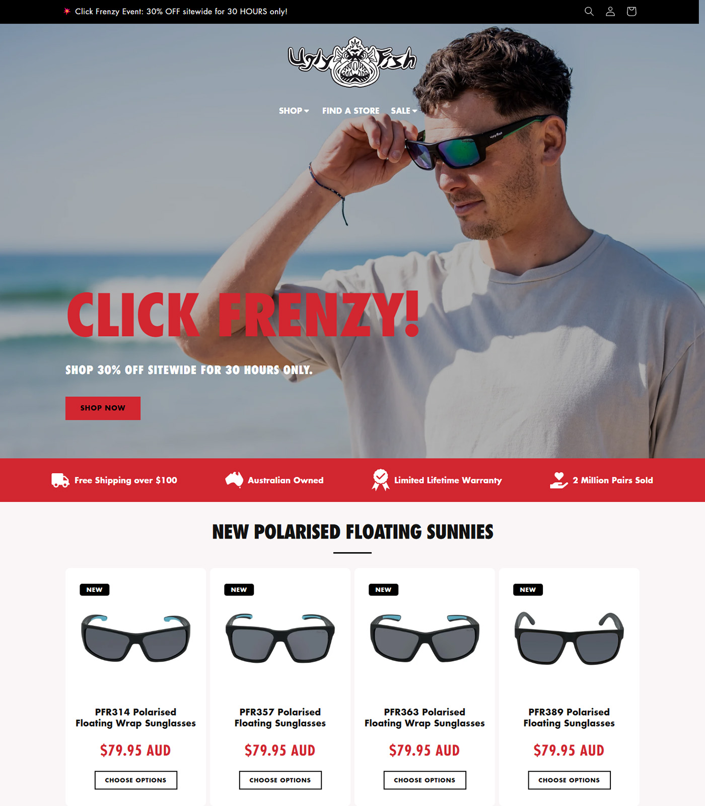 Desktop version of Custom Shopify theme built for Ugly Fish