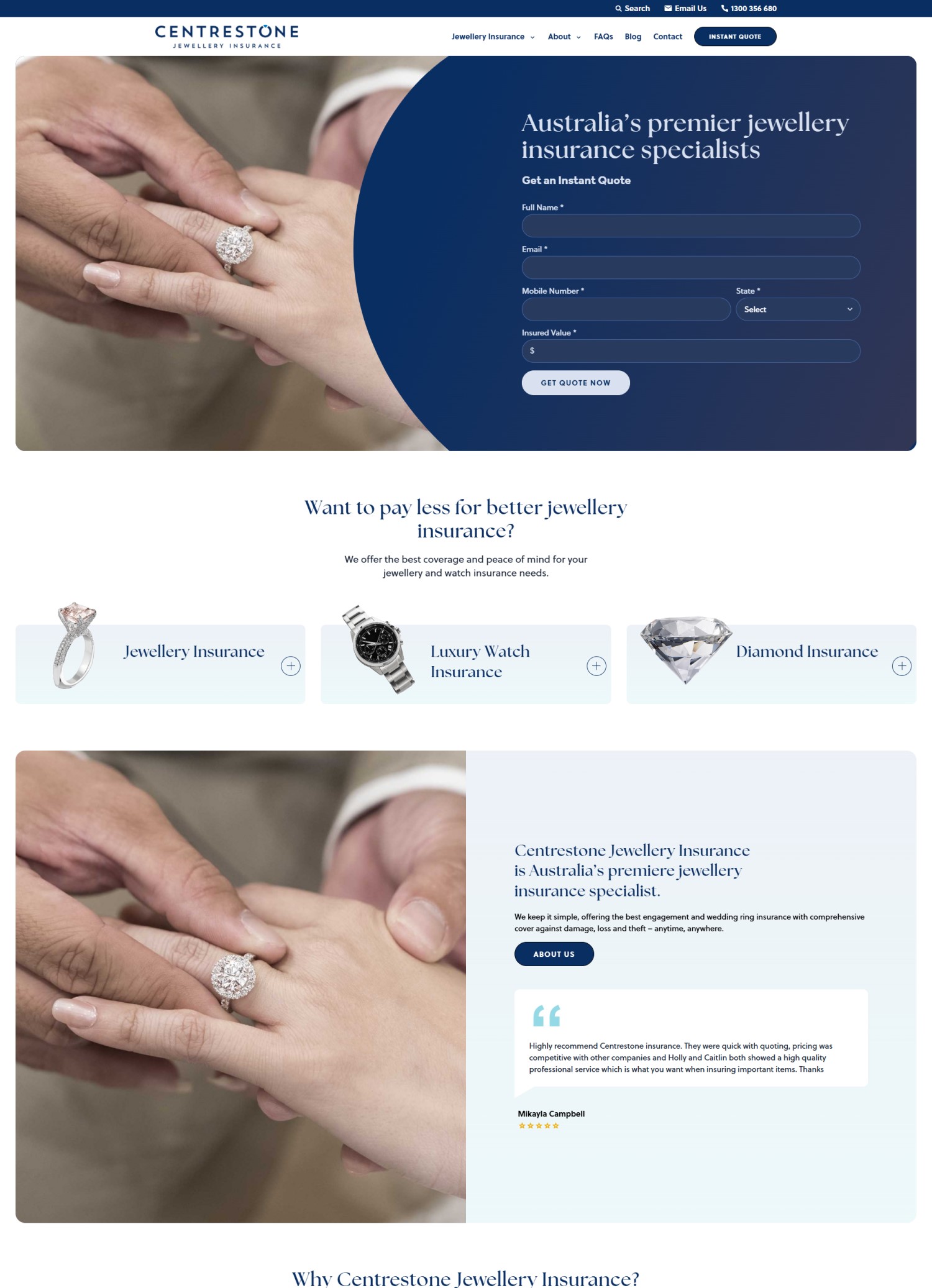 Desktop preview of the custom wordpress theme designed for Centrestone Jewellery Insurance