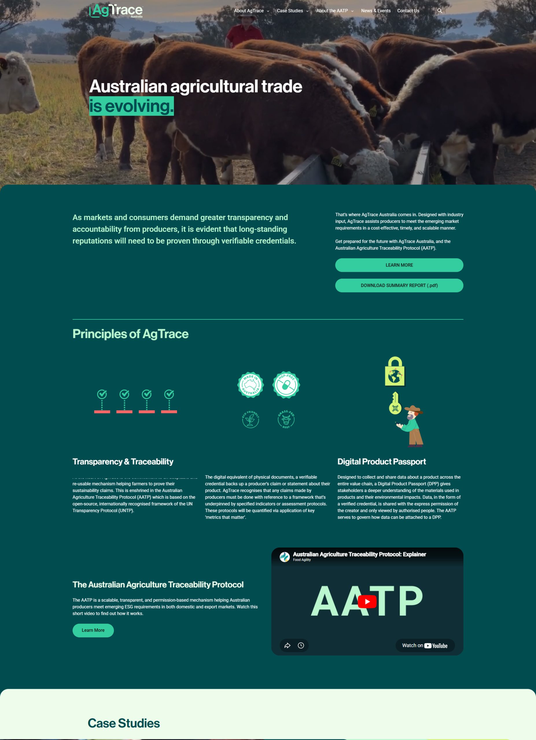 Desktop preview of the custom WordPress theme developed for AgTrace