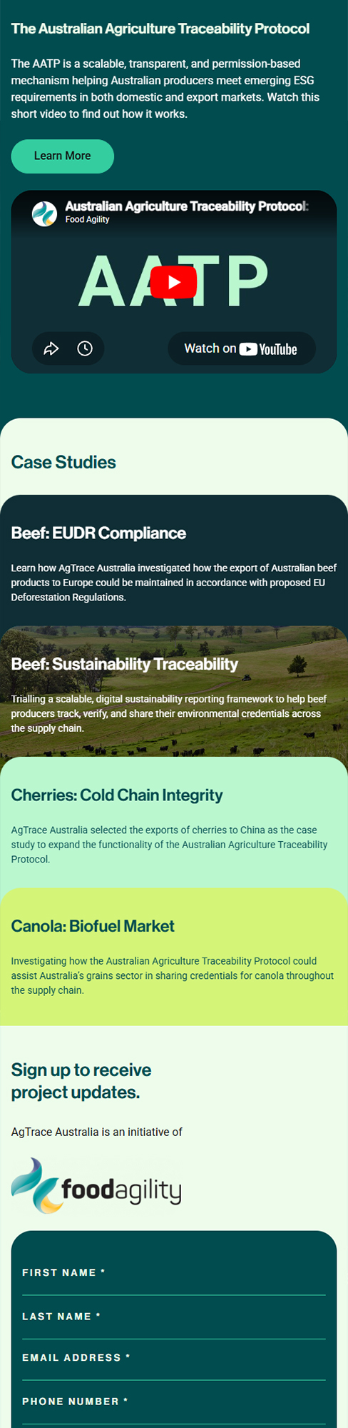 Mobile view of the custom WordPress theme developed for AgTrace