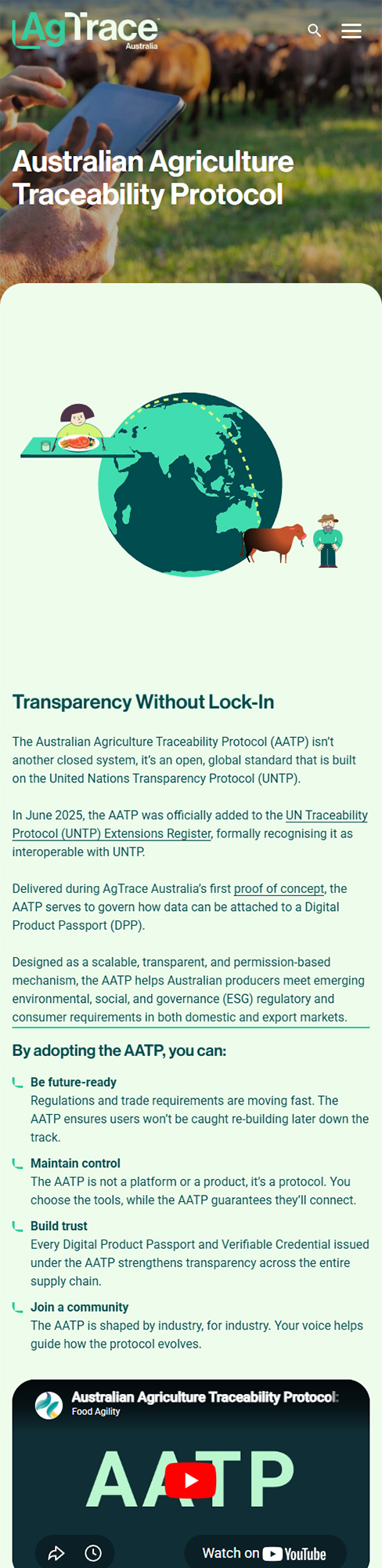 Mobile view of the custom WordPress theme developed for AgTrace