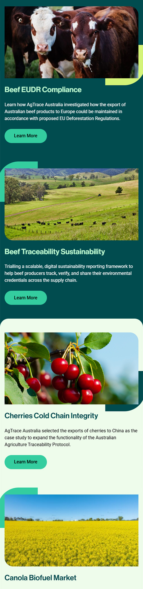 Mobile view of the custom WordPress theme developed for AgTrace